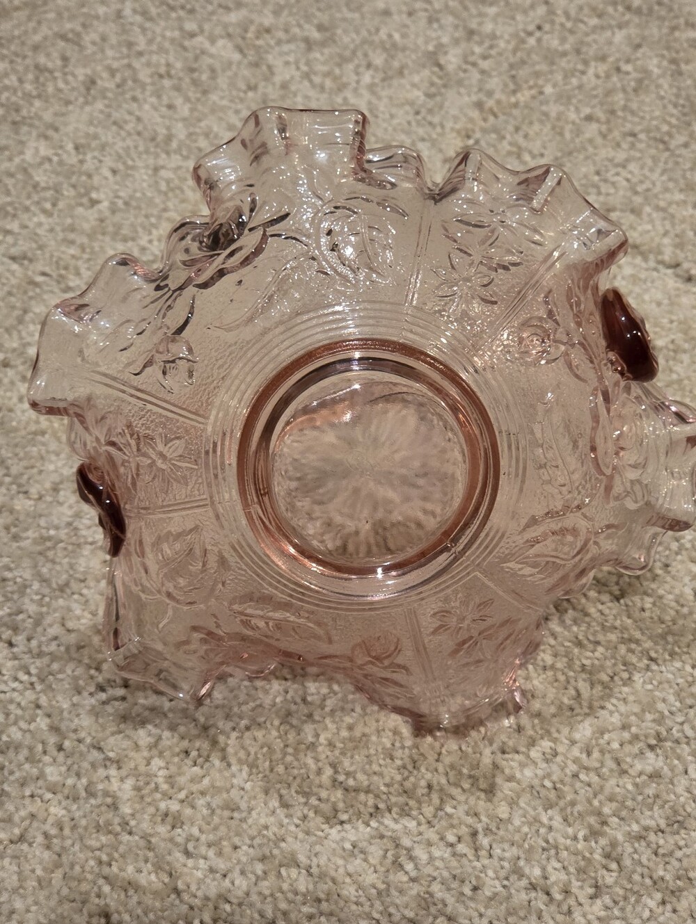 Fenton Dusty Rose Inverted Pink Glass Ruffled Basket with Handle - Picture 6 of 10